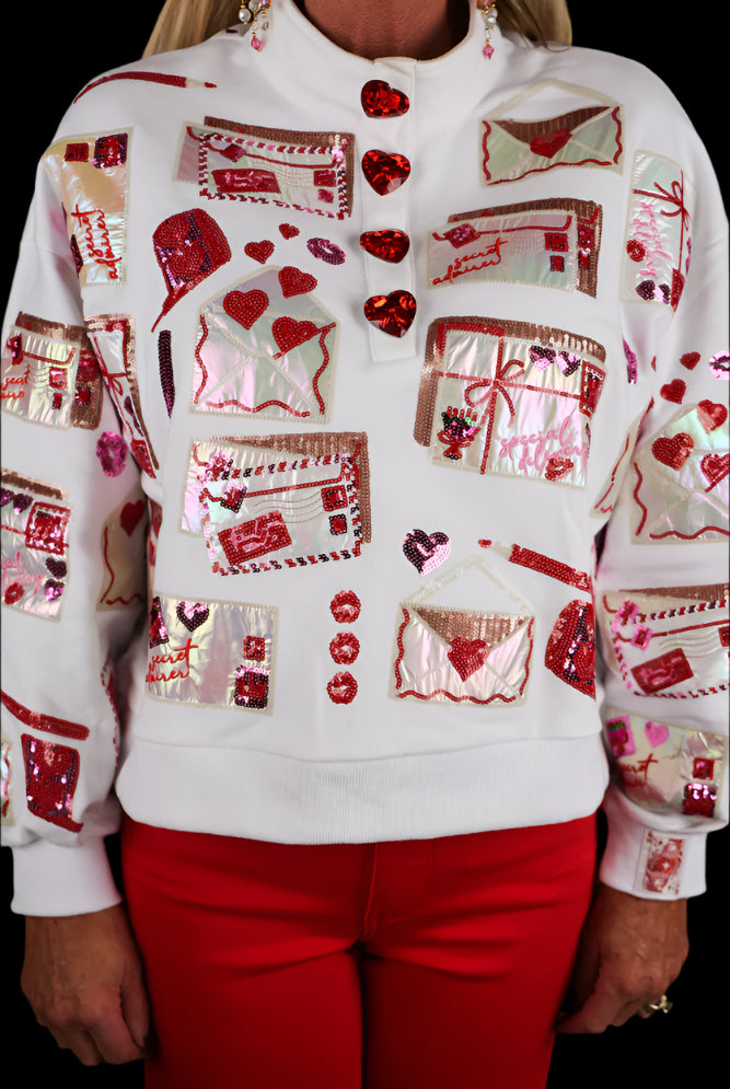 Queen Of Sparkles - White Love Letters Henley Sweatshirt-Tops-Queen Of Sparkles-Deja Nu Boutique, Women's Fashion Boutique in Lampasas, Texas