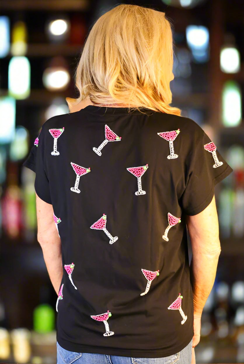 Queen Of Sparkles Black & Pink Scattered Pearl Cosmo Tee-Tops-Queen Of Sparkles-Deja Nu Boutique, Women's Fashion Boutique in Lampasas, Texas