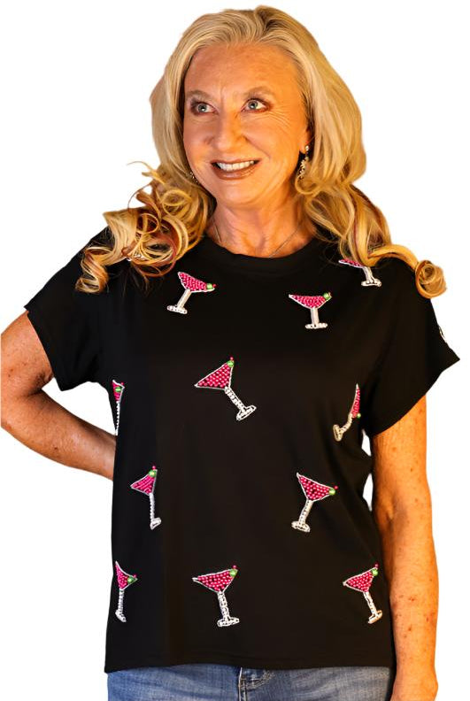 Queen Of Sparkles Black & Pink Scattered Pearl Cosmo Tee-Tops-Queen Of Sparkles-Deja Nu Boutique, Women's Fashion Boutique in Lampasas, Texas