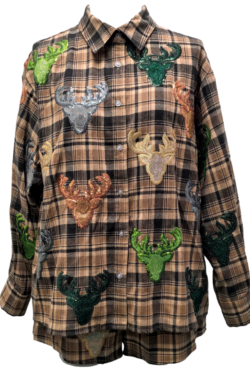 Queen Of Sparkles Brown Plaid Multi Deer Head Button Up Long Sleeve Top-shirts-Queen Of Sparkles-Deja Nu Boutique, Women's Fashion Boutique in Lampasas, Texas
