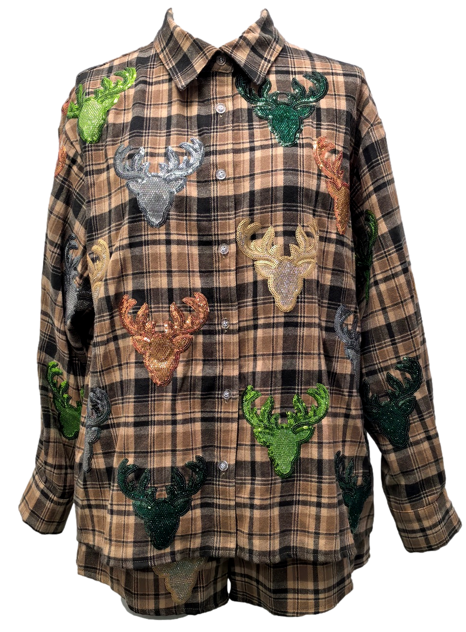 Queen Of Sparkles Brown Plaid Multi Deer Head Button Up Long Sleeve Top-shirts-Queen Of Sparkles-Deja Nu Boutique, Women's Fashion Boutique in Lampasas, Texas