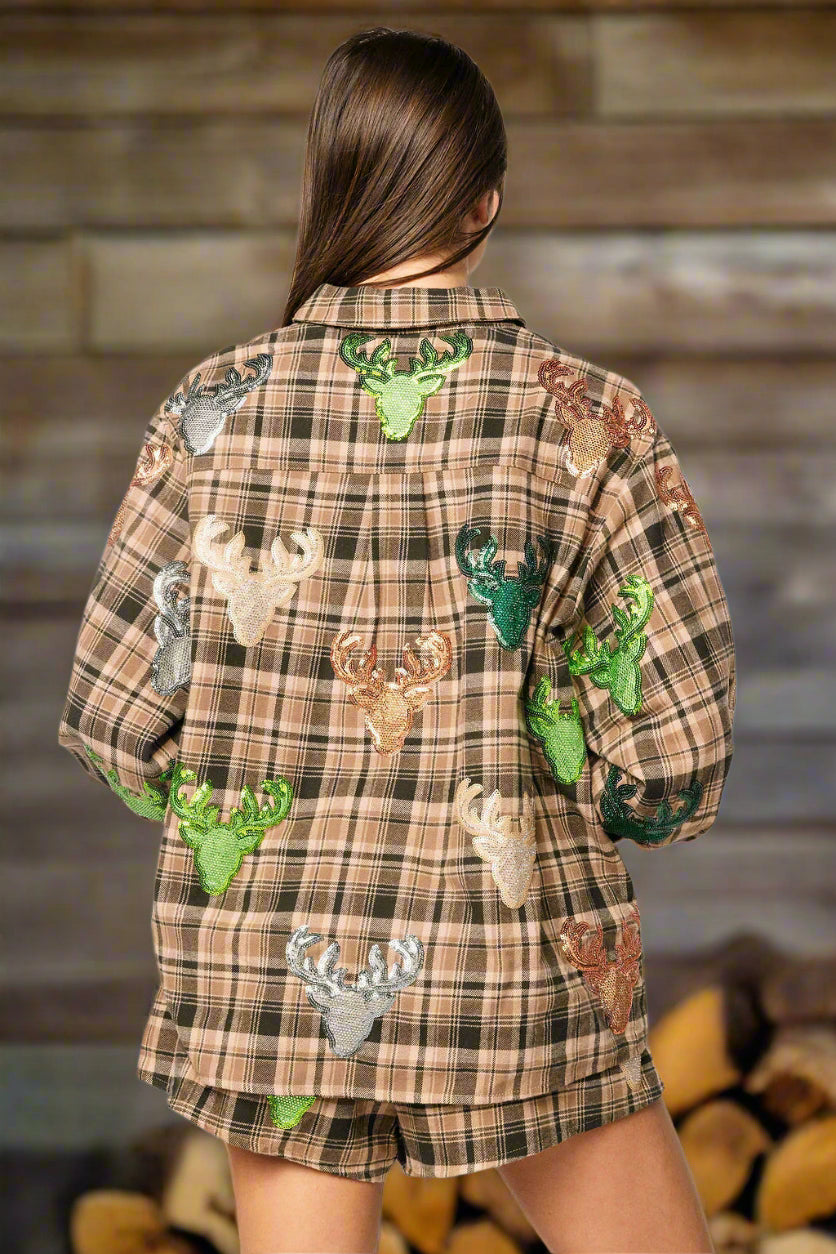 Queen Of Sparkles Brown Plaid Multi Deer Head Button Up Long Sleeve Top-shirts-Queen Of Sparkles-Deja Nu Boutique, Women's Fashion Boutique in Lampasas, Texas