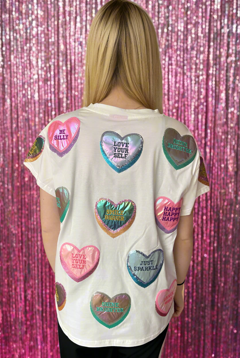 Queen Of Sparkles White Positive Candy Hearts Tee-Tops-Queen Of Sparkles-Deja Nu Boutique, Women's Fashion Boutique in Lampasas, Texas