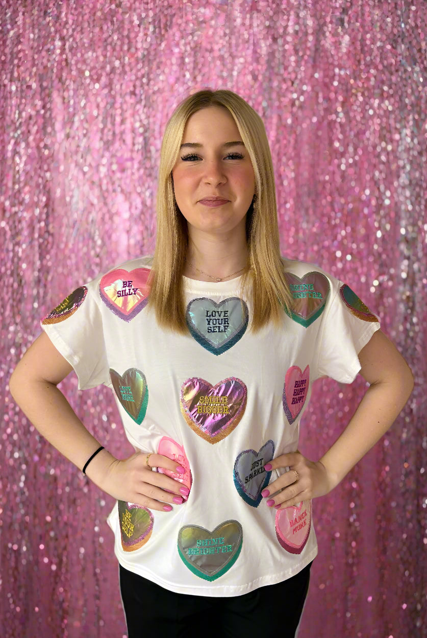 Queen Of Sparkles White Positive Candy Hearts Tee-Tops-Queen Of Sparkles-Deja Nu Boutique, Women's Fashion Boutique in Lampasas, Texas