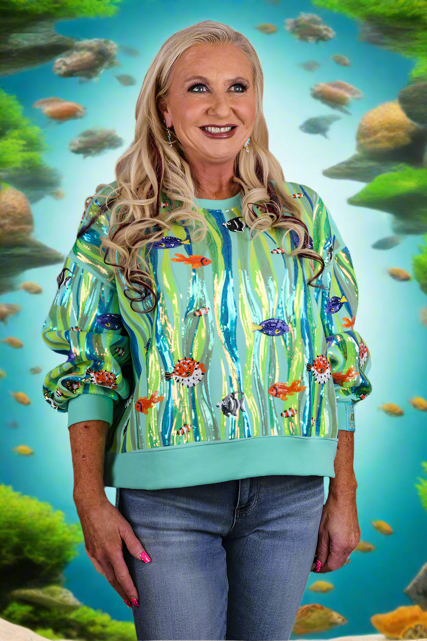 Queen Of Sparkles Green Multi Sequin Fish In Underwater Leaves Sweatshirt-sweatshirt-Queen Of Sparkles-Deja Nu Boutique, Women's Fashion Boutique in Lampasas, Texas