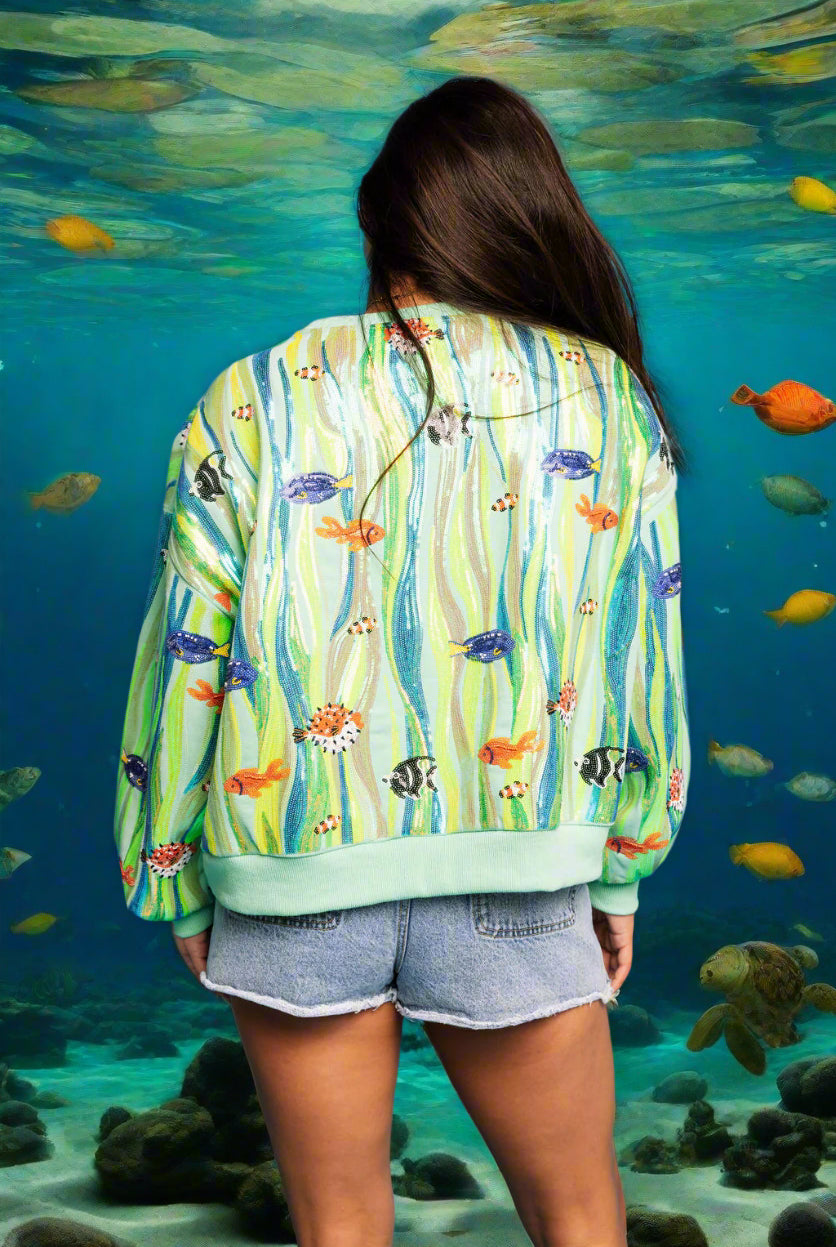 Queen Of Sparkles Green Multi Sequin Fish In Underwater Leaves Sweatshirt-sweatshirt-Queen Of Sparkles-Deja Nu Boutique, Women's Fashion Boutique in Lampasas, Texas