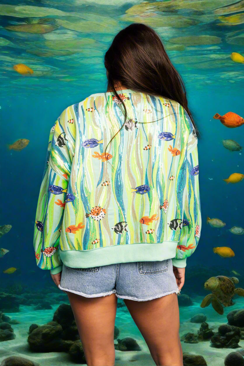 Queen Of Sparkles Green Multi Sequin Fish In Underwater Leaves Sweatshirt-sweatshirt-Queen Of Sparkles-Deja Nu Boutique, Women's Fashion Boutique in Lampasas, Texas