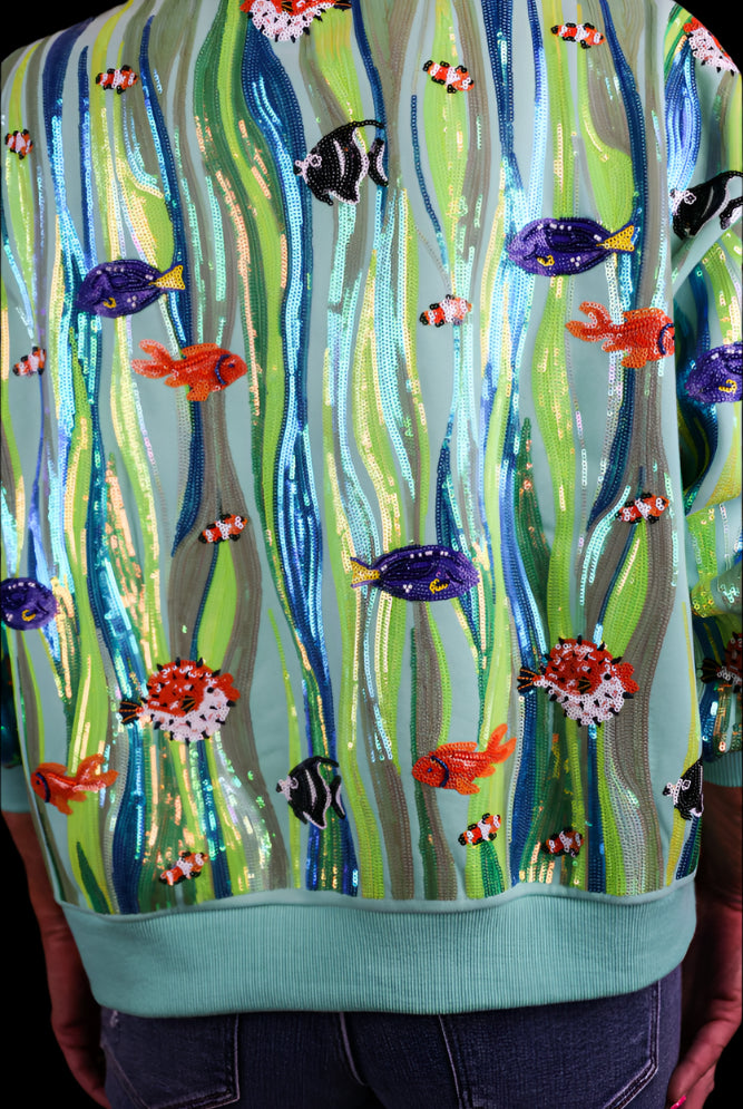 Queen Of Sparkles Green Multi Sequin Fish In Underwater Leaves Sweatshirt-sweatshirt-Queen Of Sparkles-Deja Nu Boutique, Women's Fashion Boutique in Lampasas, Texas