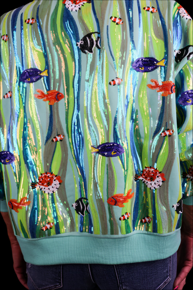 Queen Of Sparkles Green Multi Sequin Fish In Underwater Leaves Sweatshirt-sweatshirt-Queen Of Sparkles-Deja Nu Boutique, Women's Fashion Boutique in Lampasas, Texas