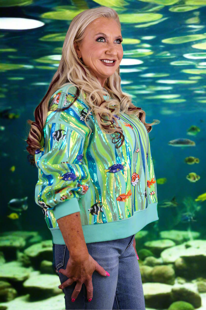 Queen Of Sparkles Green Multi Sequin Fish In Underwater Leaves Sweatshirt-sweatshirt-Queen Of Sparkles-Deja Nu Boutique, Women's Fashion Boutique in Lampasas, Texas