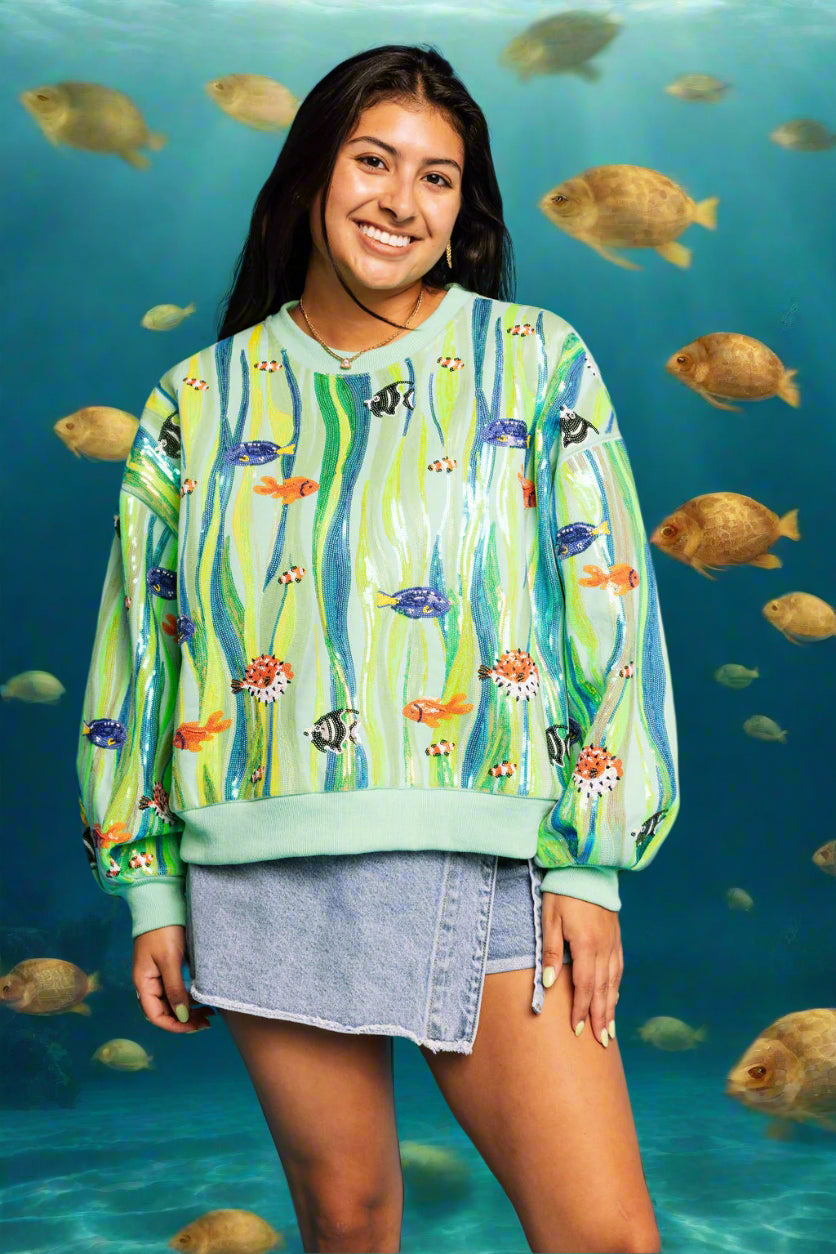 Queen Of Sparkles Green Multi Sequin Fish In Underwater Leaves Sweatshirt-sweatshirt-Queen Of Sparkles-Deja Nu Boutique, Women's Fashion Boutique in Lampasas, Texas