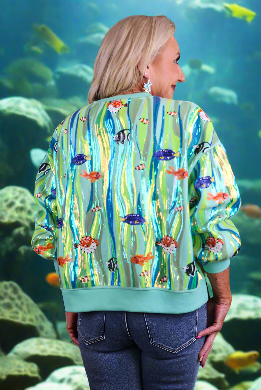 Queen Of Sparkles Green Multi Sequin Fish In Underwater Leaves Sweatshirt-sweatshirt-Queen Of Sparkles-Deja Nu Boutique, Women's Fashion Boutique in Lampasas, Texas