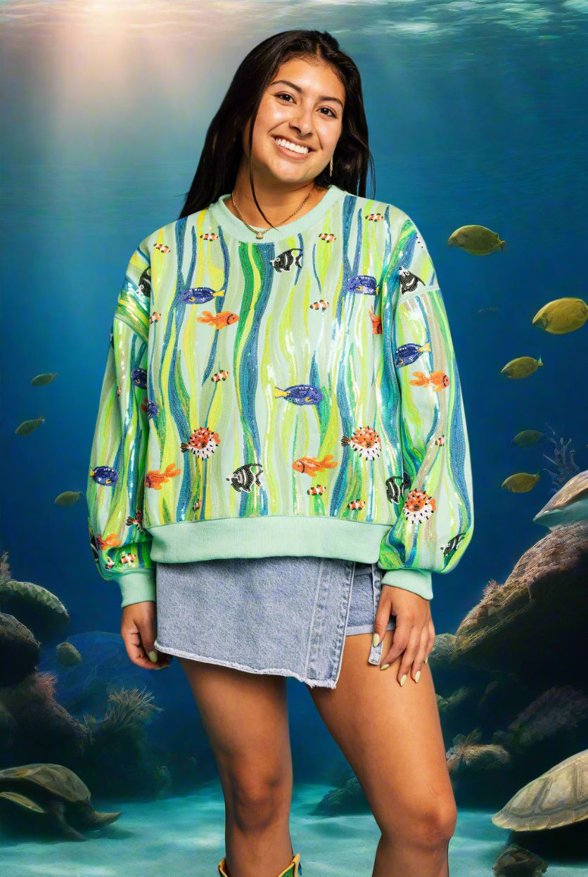 Queen Of Sparkles Green Multi Sequin Fish In Underwater Leaves Sweatshirt-sweatshirt-Queen Of Sparkles-Deja Nu Boutique, Women's Fashion Boutique in Lampasas, Texas