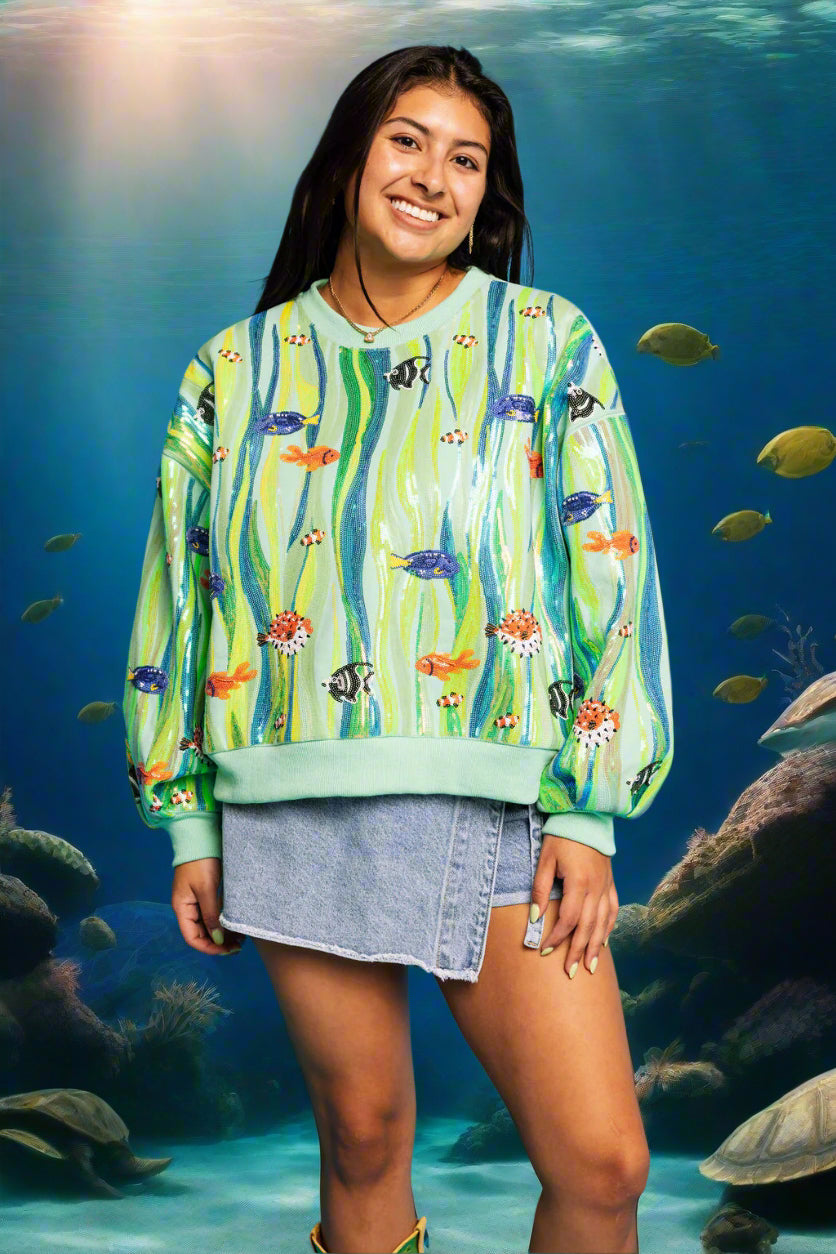 Queen Of Sparkles Green Multi Sequin Fish In Underwater Leaves Sweatshirt-sweatshirt-Queen Of Sparkles-Deja Nu Boutique, Women's Fashion Boutique in Lampasas, Texas