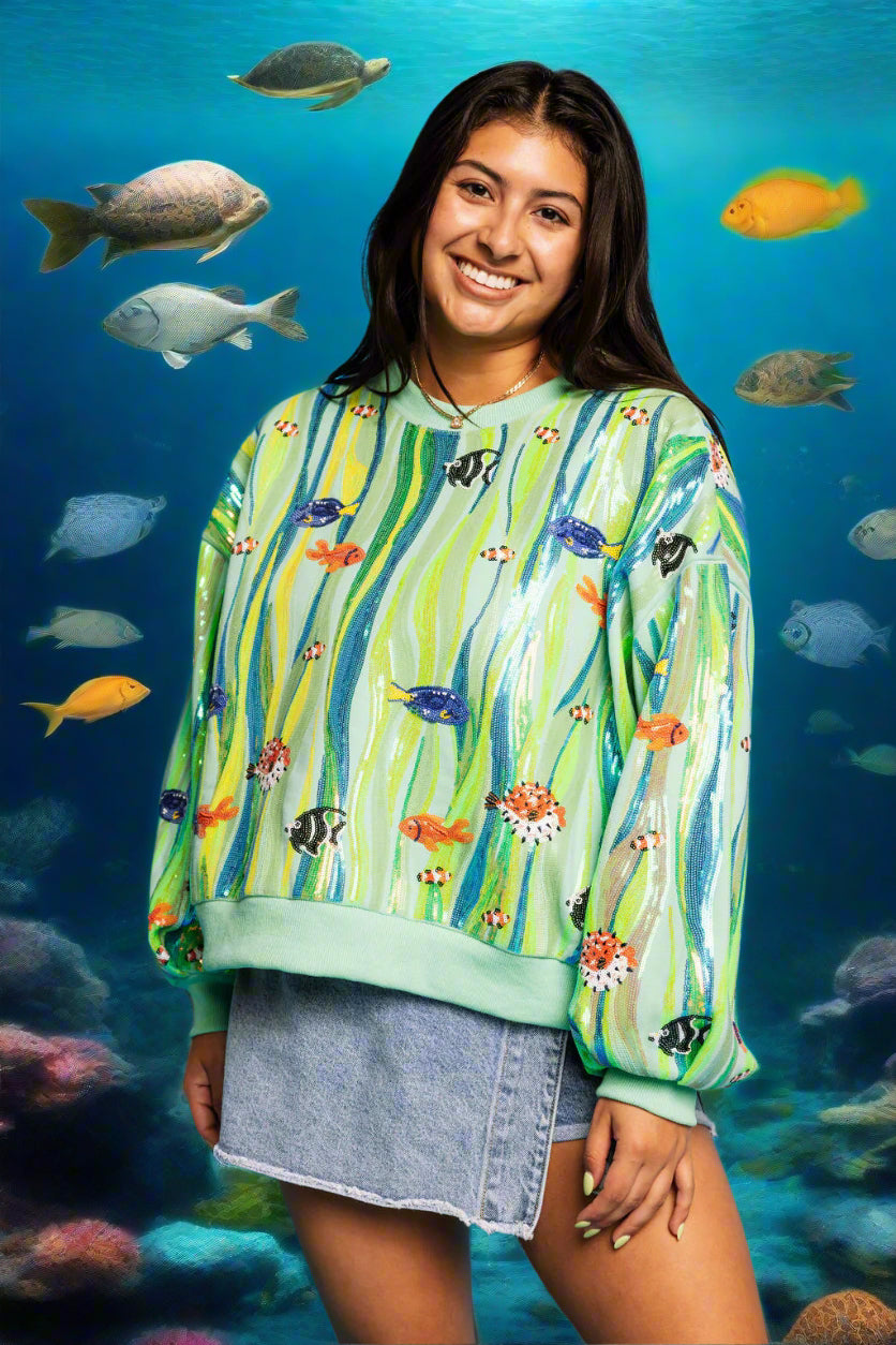 Queen Of Sparkles Green Multi Sequin Fish In Underwater Leaves Sweatshirt-sweatshirt-Queen Of Sparkles-Deja Nu Boutique, Women's Fashion Boutique in Lampasas, Texas