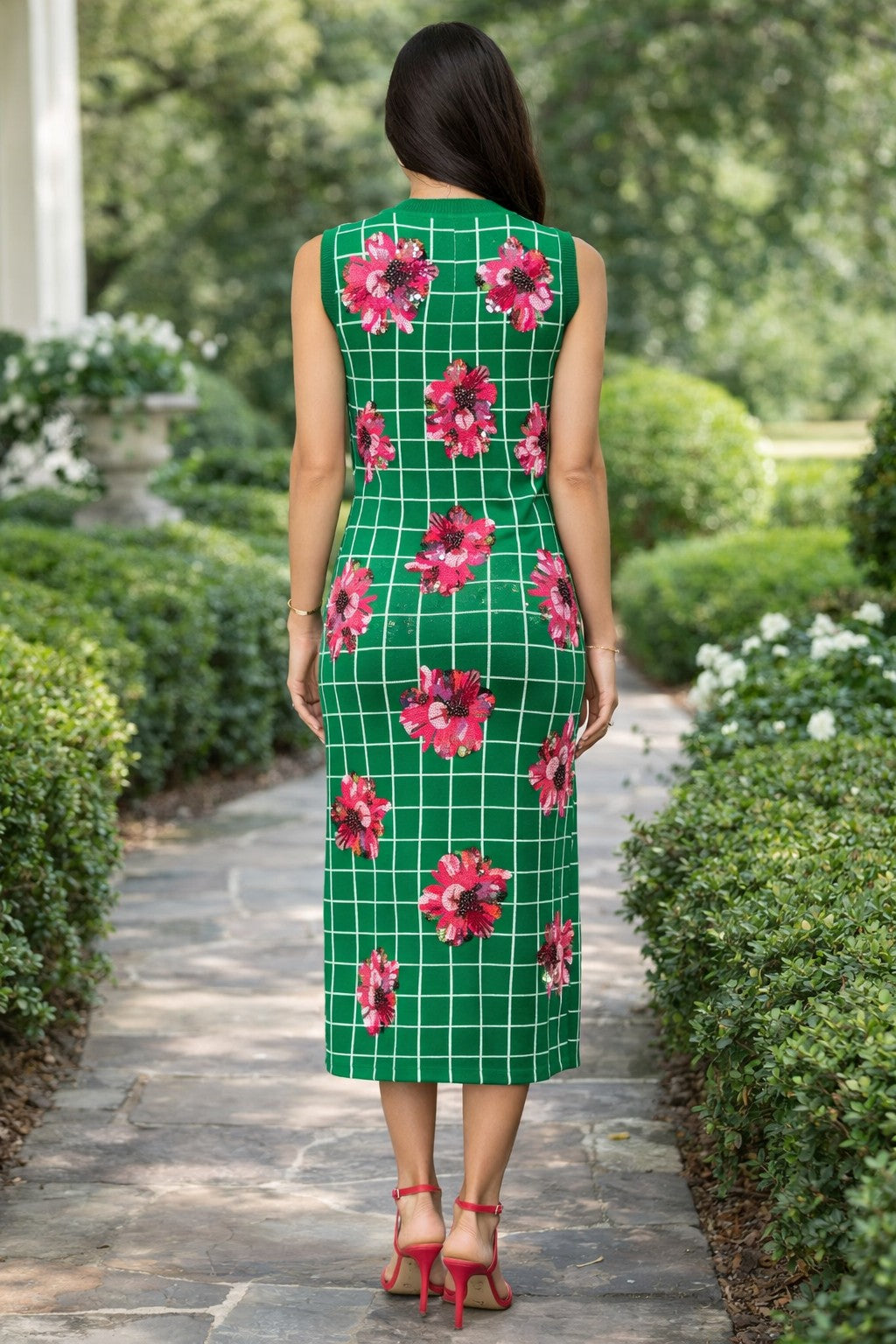 Queen Of Sparkles Green & White Checkered Pink Azalea Knit Midi Dress-Midi Dresses-Queen Of Sparkles-Deja Nu Boutique, Women's Fashion Boutique in Lampasas, Texas