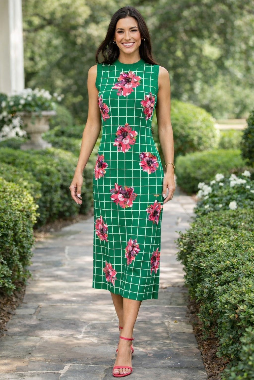 Queen Of Sparkles Green & White Checkered Pink Azalea Knit Midi Dress-Midi Dresses-Queen Of Sparkles-Deja Nu Boutique, Women's Fashion Boutique in Lampasas, Texas