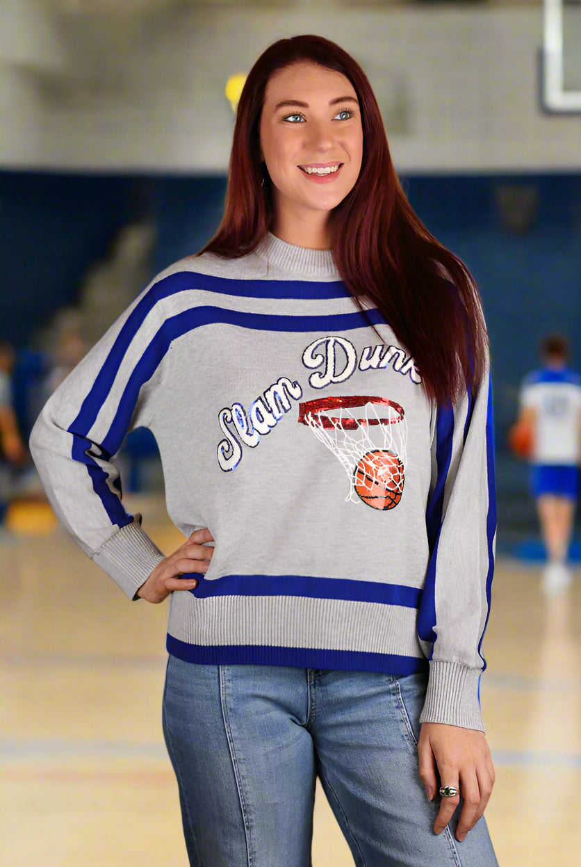 Queen Of Sparkles Grey/Blue Slam Dunk Sweater-Sweaters-Queen Of Sparkles-Deja Nu Boutique, Women's Fashion Boutique in Lampasas, Texas