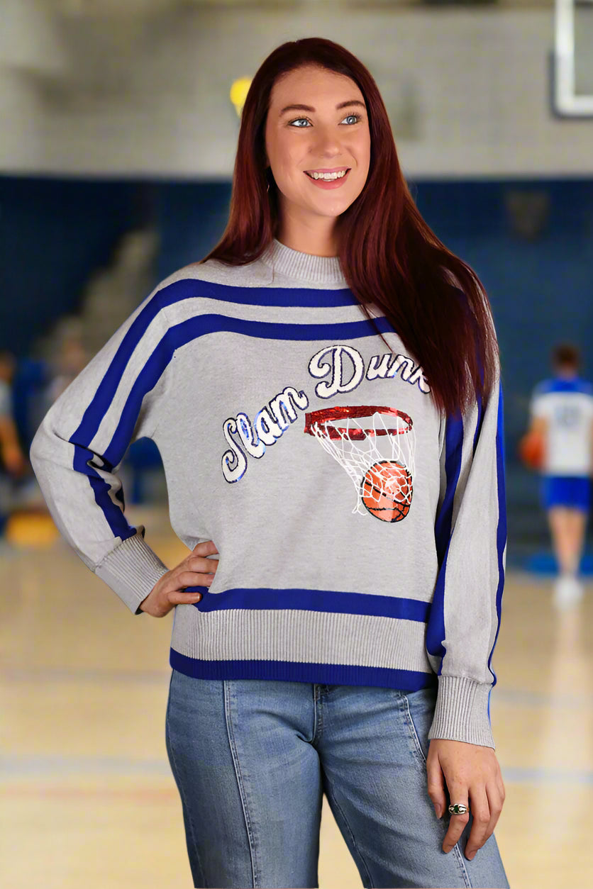 Queen Of Sparkles Grey/Blue Slam Dunk Sweater-Sweaters-Queen Of Sparkles-Deja Nu Boutique, Women's Fashion Boutique in Lampasas, Texas
