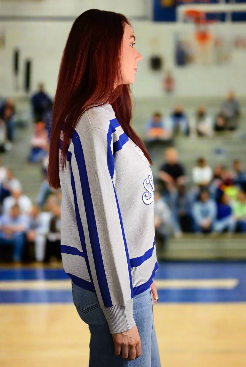 Queen Of Sparkles Grey/Blue Slam Dunk Sweater-Sweaters-Queen Of Sparkles-Deja Nu Boutique, Women's Fashion Boutique in Lampasas, Texas