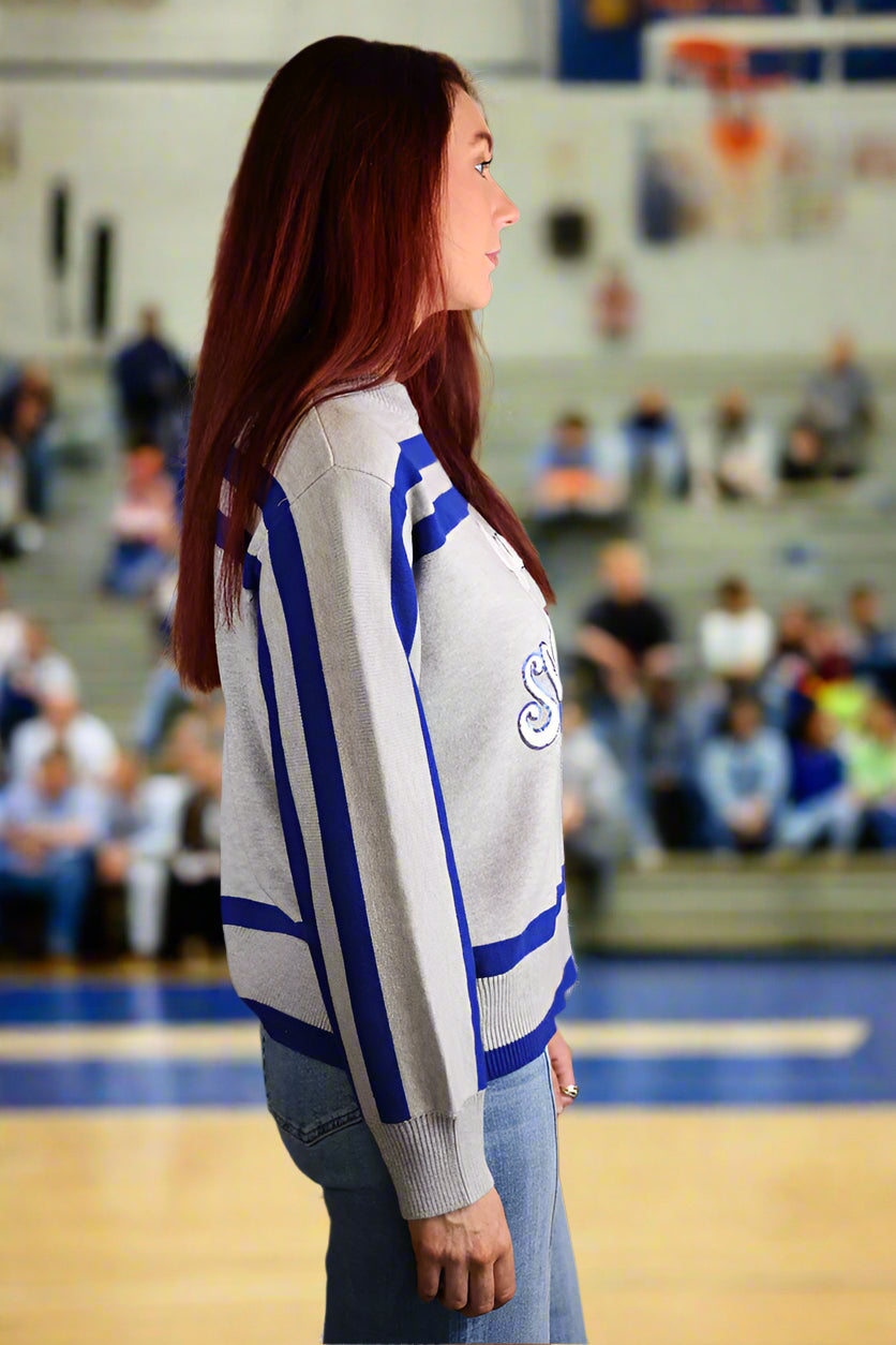 Queen Of Sparkles Grey/Blue Slam Dunk Sweater-Sweaters-Queen Of Sparkles-Deja Nu Boutique, Women's Fashion Boutique in Lampasas, Texas