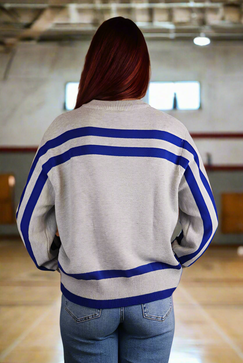 Queen Of Sparkles Grey/Blue Slam Dunk Sweater-Sweaters-Queen Of Sparkles-Deja Nu Boutique, Women's Fashion Boutique in Lampasas, Texas