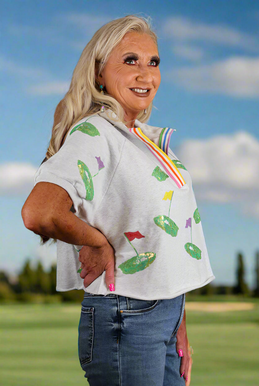 Queen Of Sparkles Grey Hole In One Stripe Collar Top-Tops-Queen Of Sparkles-Deja Nu Boutique, Women's Fashion Boutique in Lampasas, Texas