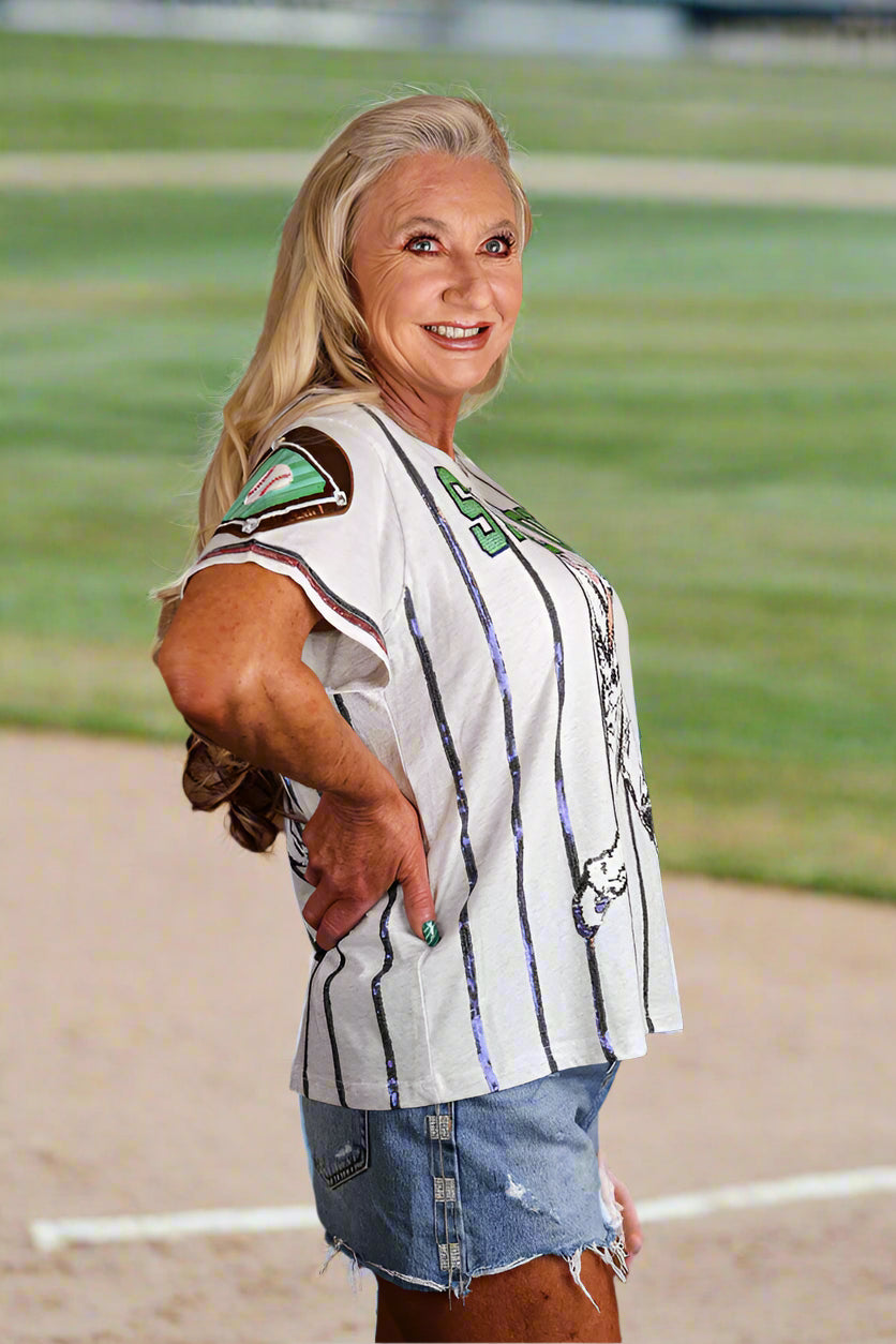 Queen Of Sparkles Grey & Royal Strike Out Tee-Tops-Queen Of Sparkles-Deja Nu Boutique, Women's Fashion Boutique in Lampasas, Texas