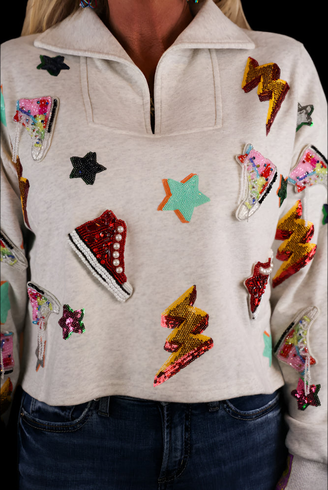 Queen Of Sparkles Grey Sneaker And Lightning Bolt Collar Sweatshirt-Tops-Queen Of Sparkles-Deja Nu Boutique, Women's Fashion Boutique in Lampasas, Texas