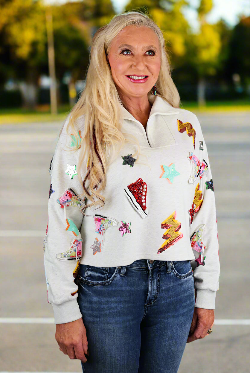 Queen Of Sparkles Grey Sneaker And Lightning Bolt Collar Sweatshirt-Tops-Queen Of Sparkles-Deja Nu Boutique, Women's Fashion Boutique in Lampasas, Texas