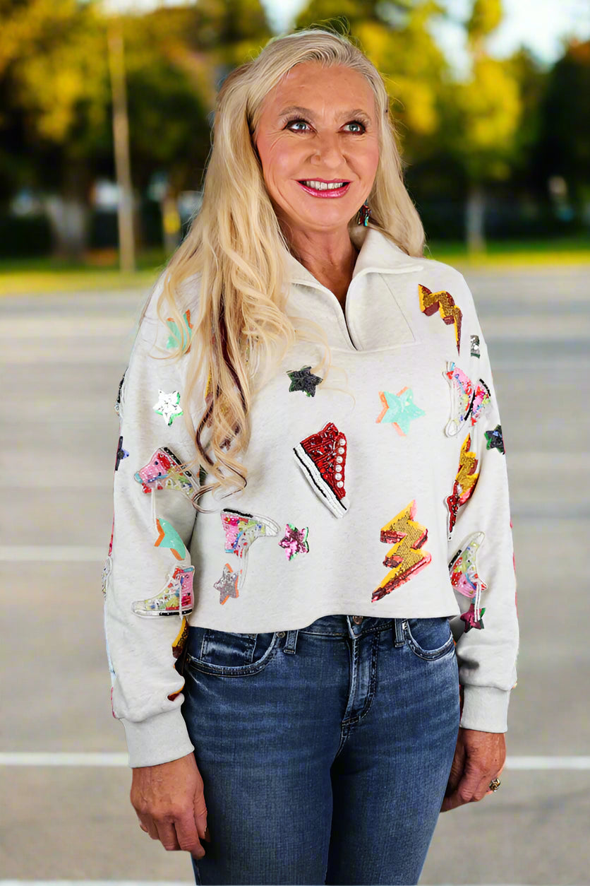 Queen Of Sparkles Grey Sneaker And Lightning Bolt Collar Sweatshirt-Tops-Queen Of Sparkles-Deja Nu Boutique, Women's Fashion Boutique in Lampasas, Texas