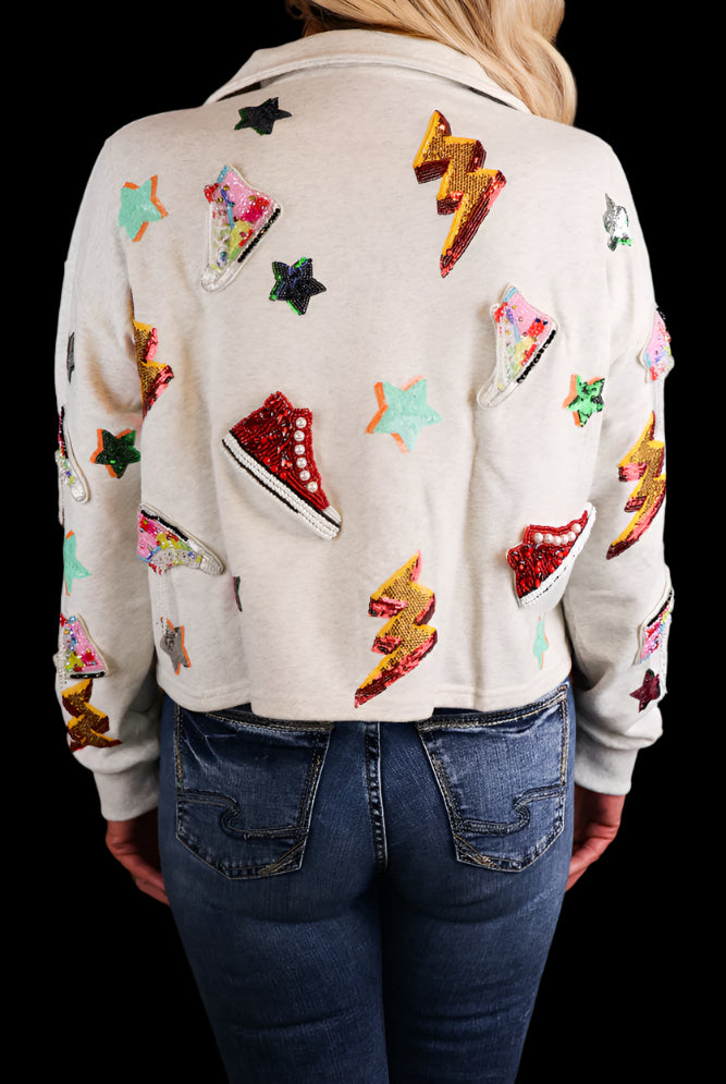 Queen Of Sparkles Grey Sneaker And Lightning Bolt Collar Sweatshirt-Tops-Queen Of Sparkles-Deja Nu Boutique, Women's Fashion Boutique in Lampasas, Texas