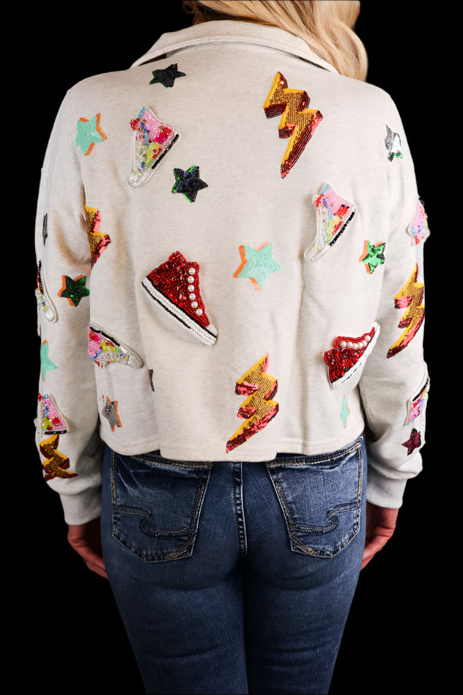 Queen Of Sparkles Grey Sneaker And Lightning Bolt Collar Sweatshirt-Tops-Queen Of Sparkles-Deja Nu Boutique, Women's Fashion Boutique in Lampasas, Texas