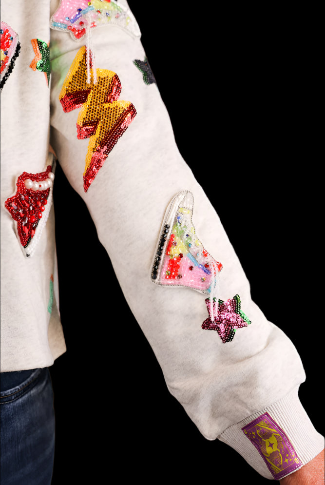 Queen Of Sparkles Grey Sneaker And Lightning Bolt Collar Sweatshirt-Tops-Queen Of Sparkles-Deja Nu Boutique, Women's Fashion Boutique in Lampasas, Texas