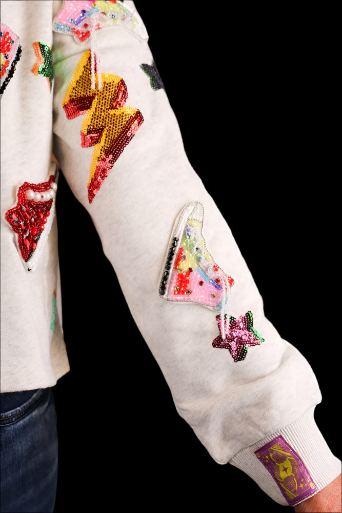 Queen Of Sparkles Grey Sneaker And Lightning Bolt Collar Sweatshirt-Tops-Queen Of Sparkles-Deja Nu Boutique, Women's Fashion Boutique in Lampasas, Texas