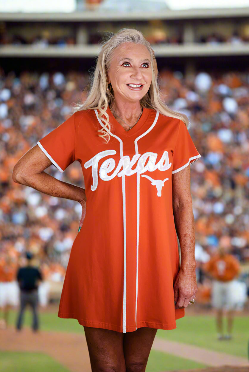 Queen Of Sparkles Licensed-Burnt Orange Texas Hook Em Baseball Jersey Tee Dress-Short Dresses-Queen Of Sparkles-Deja Nu Boutique, Women's Fashion Boutique in Lampasas, Texas