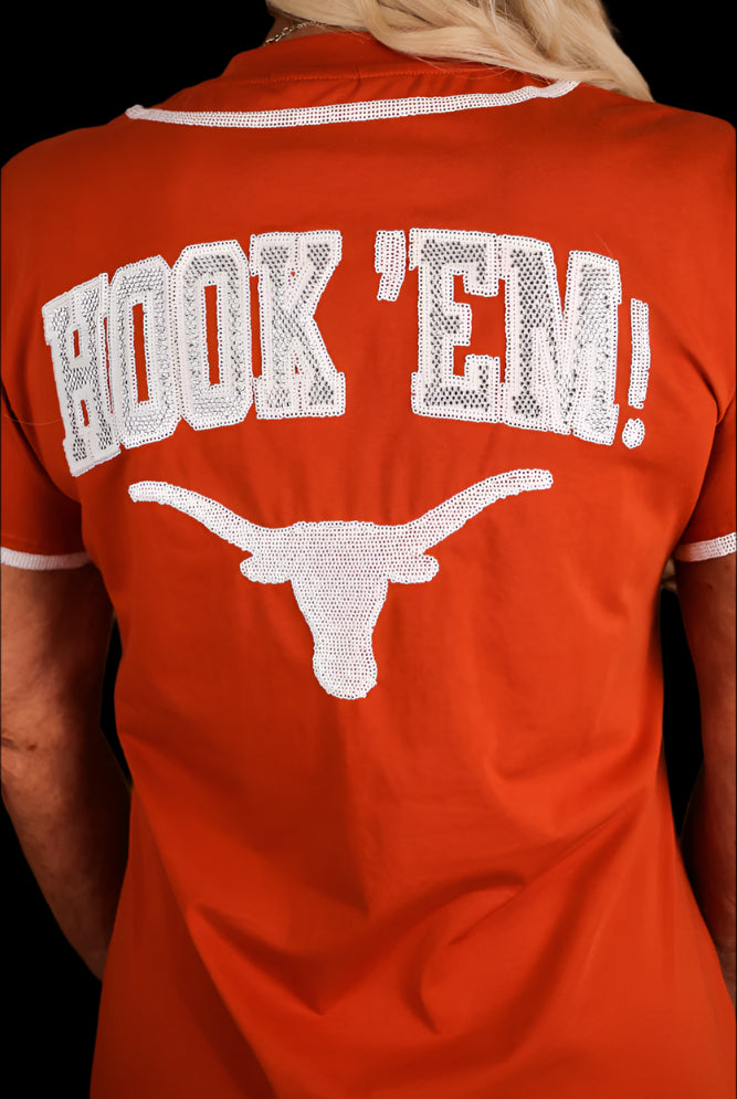 Queen Of Sparkles Licensed-Burnt Orange Texas Hook Em Baseball Jersey Tee Dress-Short Dresses-Queen Of Sparkles-Deja Nu Boutique, Women's Fashion Boutique in Lampasas, Texas