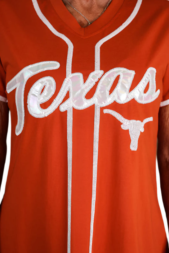 Queen Of Sparkles Licensed-Burnt Orange Texas Hook Em Baseball Jersey Tee Dress-Short Dresses-Queen Of Sparkles-Deja Nu Boutique, Women's Fashion Boutique in Lampasas, Texas