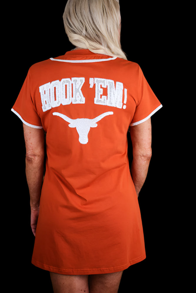 Queen Of Sparkles Licensed-Burnt Orange Texas Hook Em Baseball Jersey Tee Dress-Short Dresses-Queen Of Sparkles-Deja Nu Boutique, Women's Fashion Boutique in Lampasas, Texas