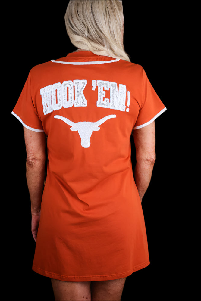 Queen Of Sparkles Licensed-Burnt Orange Texas Hook Em Baseball Jersey Tee Dress-Short Dresses-Queen Of Sparkles-Deja Nu Boutique, Women's Fashion Boutique in Lampasas, Texas