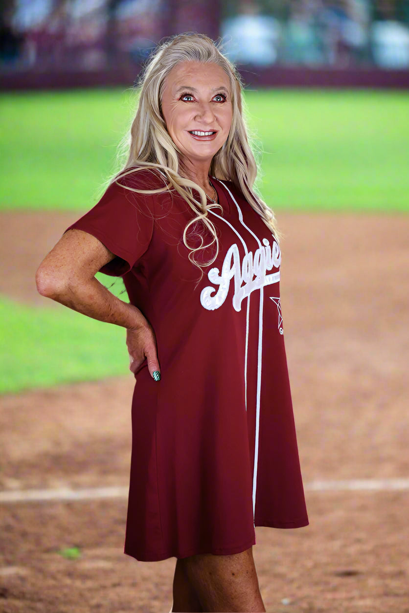 Queen Of Sparkles Licensed-Maroon Texas A&M Baseball Jersey Tee Dress-Short Dresses-Queen Of Sparkles-Deja Nu Boutique, Women's Fashion Boutique in Lampasas, Texas