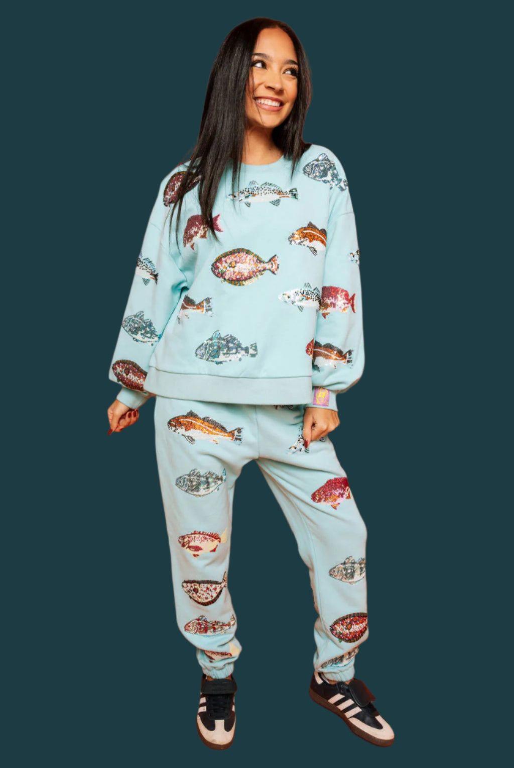 Queen Of Sparkles Light Blue Fish Sweatshirt-Tops-Queen Of Sparkles-Deja Nu Boutique, Women's Fashion Boutique in Lampasas, Texas