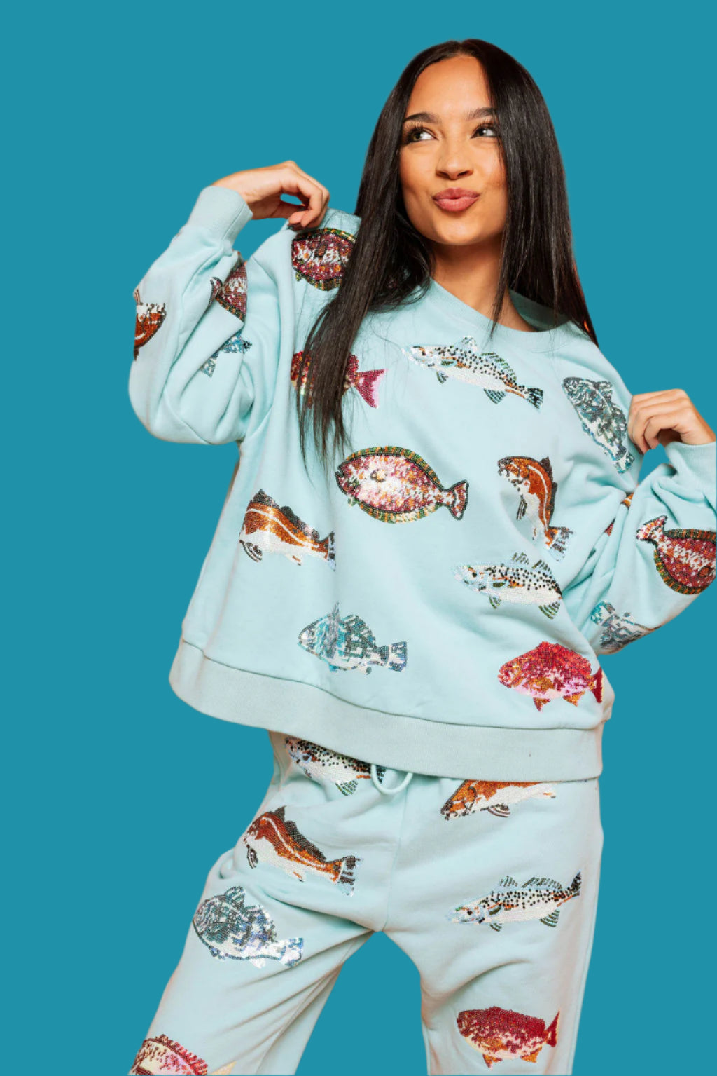 Queen Of Sparkles Light Blue Fish Sweatshirt-Tops-Queen Of Sparkles-Deja Nu Boutique, Women's Fashion Boutique in Lampasas, Texas