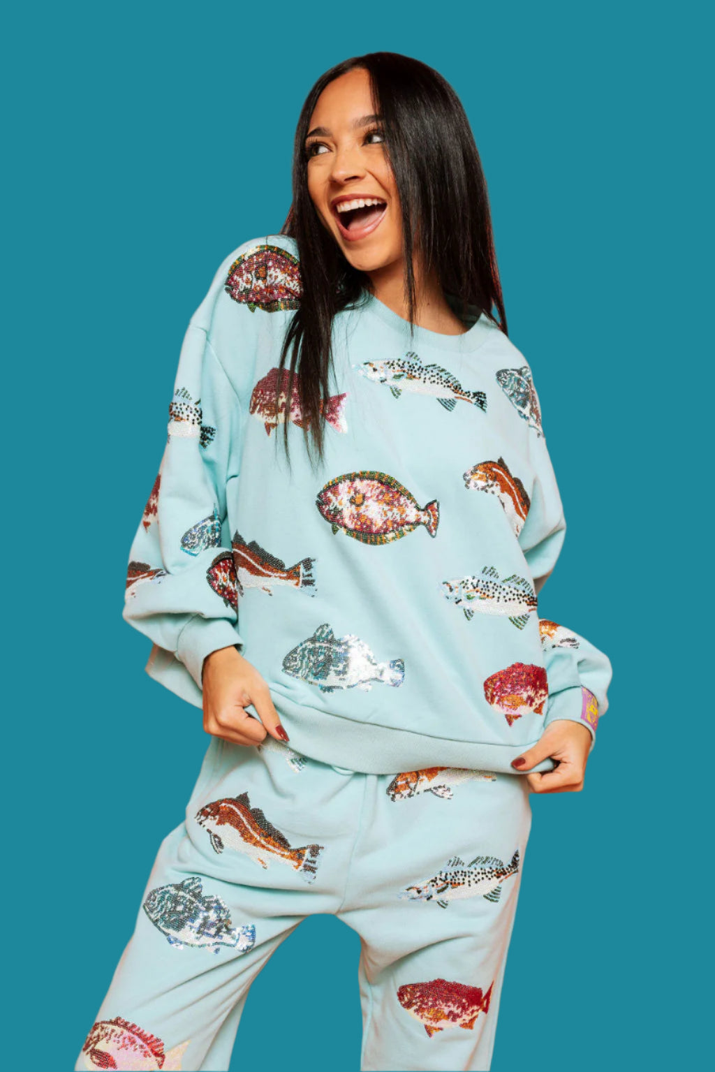 Queen Of Sparkles Light Blue Fish Sweatshirt-Tops-Queen Of Sparkles-Deja Nu Boutique, Women's Fashion Boutique in Lampasas, Texas