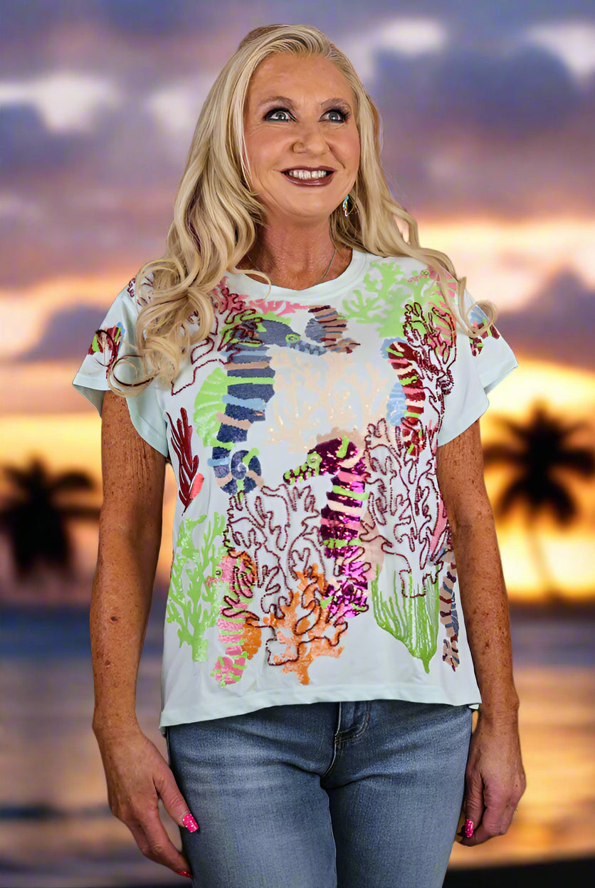 Queen Of Sparkles Light Blue Multi Coral & Seahorse Tee-T-Shirts-Queen Of Sparkles-Deja Nu Boutique, Women's Fashion Boutique in Lampasas, Texas
