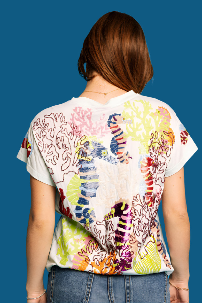 Queen Of Sparkles Light Blue Multi Coral & Seahorse Tee-T-Shirts-Queen Of Sparkles-Deja Nu Boutique, Women's Fashion Boutique in Lampasas, Texas