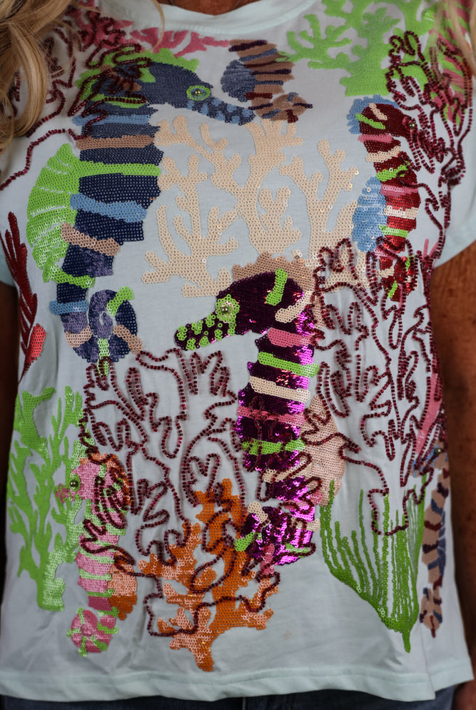 Queen Of Sparkles Light Blue Multi Coral & Seahorse Tee-T-Shirts-Queen Of Sparkles-Deja Nu Boutique, Women's Fashion Boutique in Lampasas, Texas