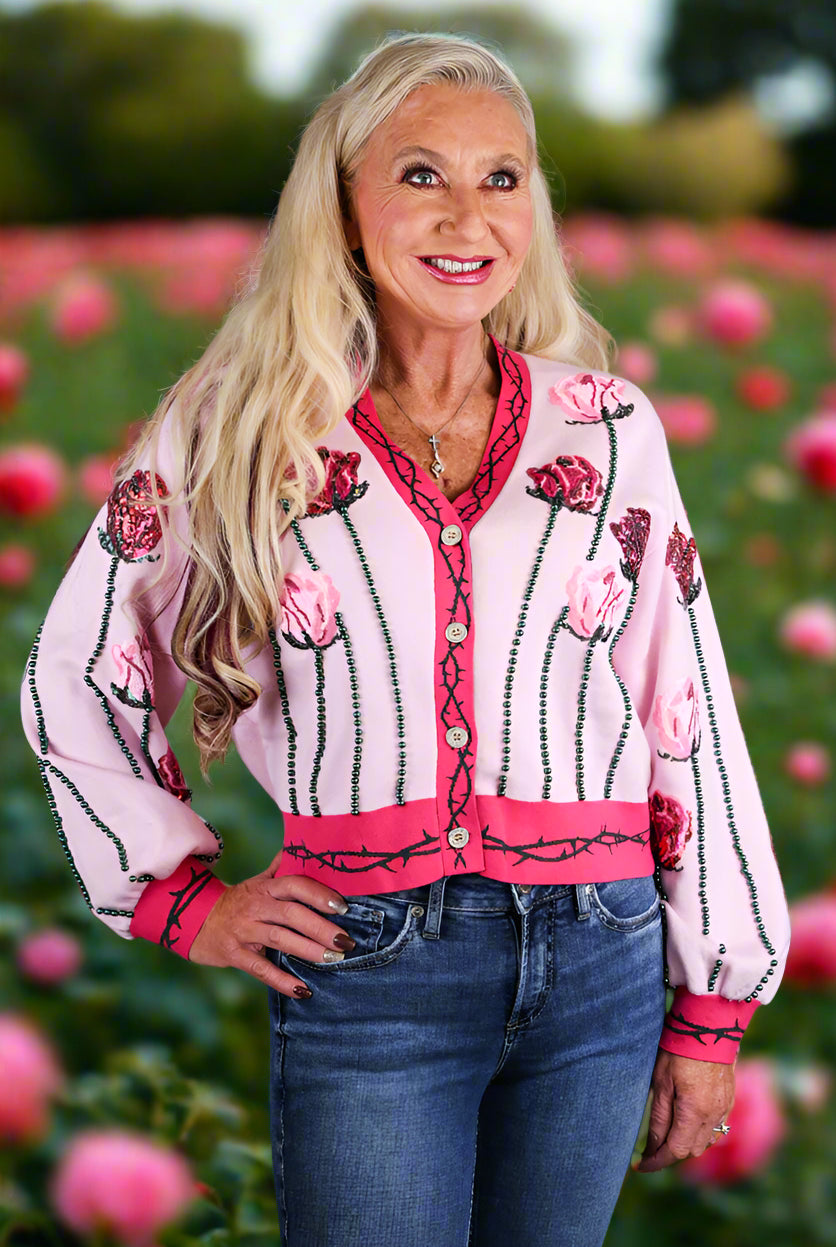 Queen Of Sparkles Light Pink Long Stem Rose Cardigan-Cardigans & Kimonos-Queen Of Sparkles-Deja Nu Boutique, Women's Fashion Boutique in Lampasas, Texas