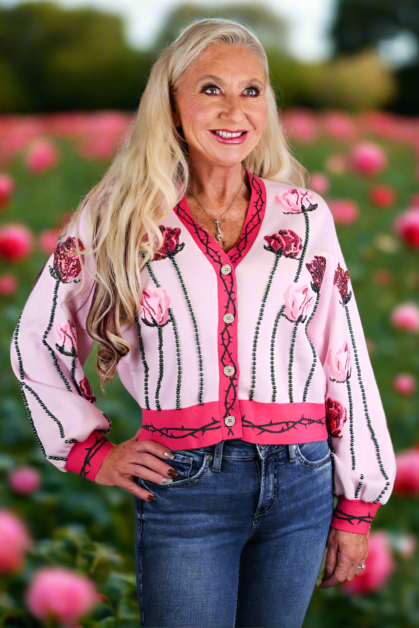 Queen Of Sparkles Light Pink Long Stem Rose Cardigan-Cardigans & Kimonos-Queen Of Sparkles-Deja Nu Boutique, Women's Fashion Boutique in Lampasas, Texas