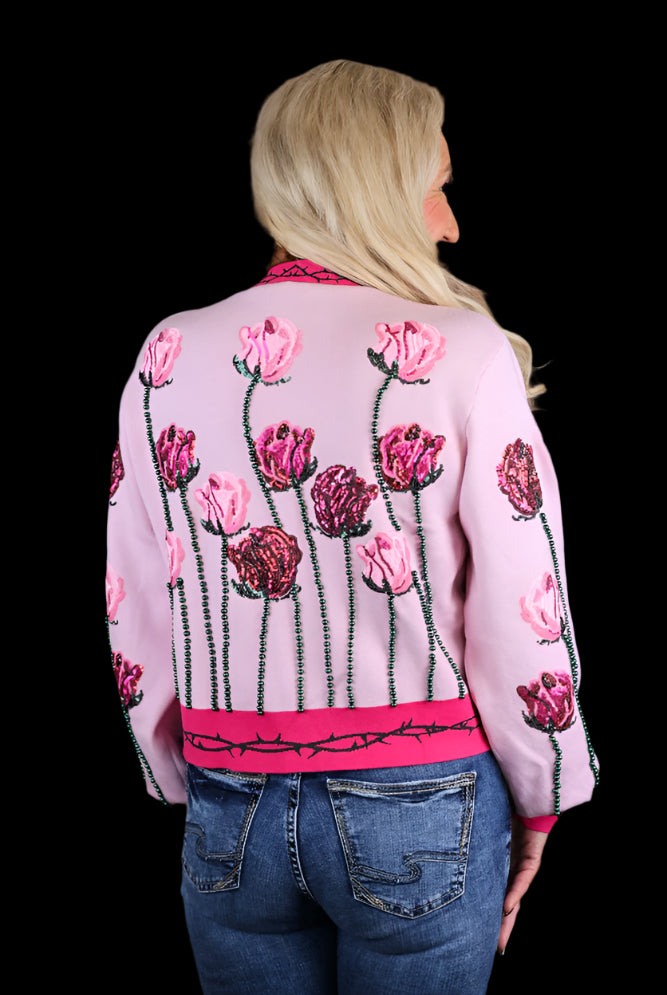 Queen Of Sparkles Light Pink Long Stem Rose Cardigan-Cardigans & Kimonos-Queen Of Sparkles-Deja Nu Boutique, Women's Fashion Boutique in Lampasas, Texas